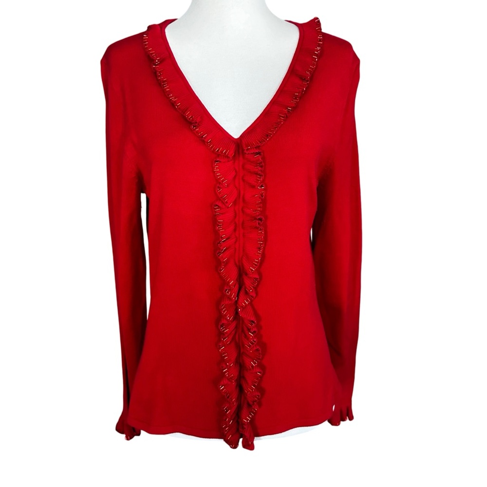 EUC Pursuits Red V Neck Ruffle Beaded Silk Blend Long Sleeve Women’s Cardigan